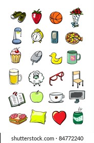 Youngster's Things, Student's Life Everyday Doodle Things: Sneakers, Strawberry, Basketball, Roses, Lamp, Alarm Clock, Phone, Mobile, Pizza Etc. Hand Drawn Icons. Vector.