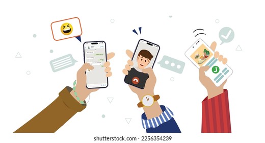 Los más jóvenes usan smartphones con aplicaciones móviles para navegar en medios sociales y pedir comida. Niños y niñas charlando, viendo videos, hablando en video y pidiendo postre. Ilustración vectorial.