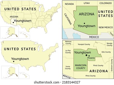 Youngtown town location on USA, Arizona state and Maricopa county map