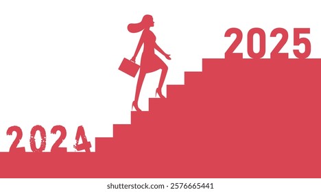 A youngwoman businessman jump between 2024 and 2025 years. businesswoman upstairs to new year. business concept, challenges, success, chance, vision. Vector illustration flat