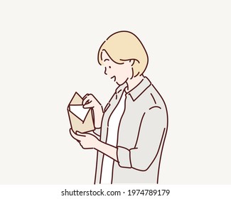 Youngwoman reading a tax letter.   Hand drawn style vector design illustrations.