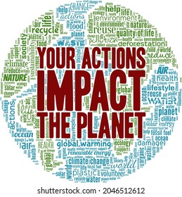Your actions impact the planet vector illustration word cloud isolated on white background.