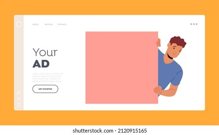 Your Ad Landing Page Template. Smiling Male Character Peeping and Peeking from behind of Pink Square Shape. Man Looking Outside Wall. Curious Human Watching. Cartoon People Vector Illustration