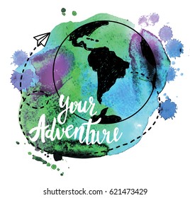Your adventure. Drawing by hand, children's drawing.Bright, colorful drawing. World map, geographical map. Airplane, ship, route. Spots of color. Poster, postcard, print on the T-shirt.
