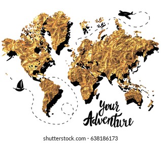 Your adventure. Drawing by hand, children's drawing. World map, geographical map. Airplane, ship, route. . Poster, postcard, print on the T-shirt. Monochrome pattern in vintage style.