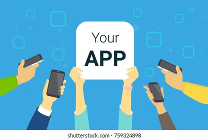 Your app concept illustration of happy people showing favorite mobile app symbol and using their smart phones, reading news and texting to friends. Flat hands hold white app blank on blue background