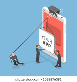 Your app flat isometric vector concept. People are setting an icon of some mobile application into a niche inside of smartphone screen.