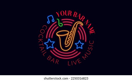 your band concert in cocktail bar with live music. Neon sign of saxophone and tunes, stars and musical instrument. Isolated promotional banner. Business card with logotype, vector in flat style