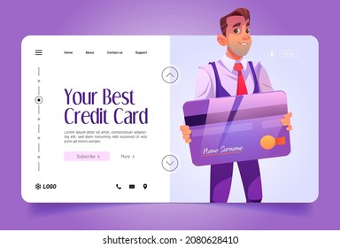 Your best credit card cartoon landing page. Banker male character holding huge card in hands. Cashless payment, banking services, secure money online transaction, nfc technology, Vector web banner