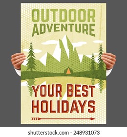 Your best outdoor holiday adventure hiking tours travel agency advertisement poster with forest tent abstract vector illustration