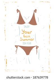Your best summer of 2018. Simple card with a bikini swimsuit. Vector.