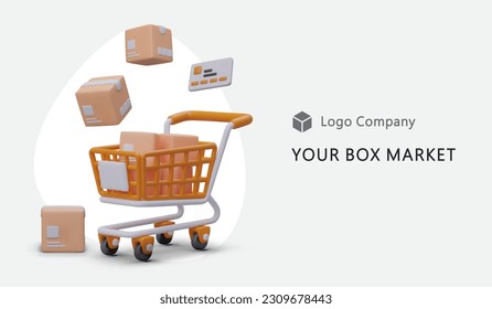 Your box market. Manufacturer of packaging materials. Box shop advertisement. 3D shopping cart with boxes inside. Convenient and reliable modern packaging