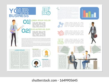 Your business article - colorful vector brochure template with text blocks and characters. Flyer layout with international office workers, colleagues, a manager talking with a client. A4 booklet pages