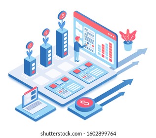 Your business growth isometric vector illustration. Businessman increase sales. Investment, trading. Rising revenues. Virtual platform for banking. Online promotion cartoon conceptual design element