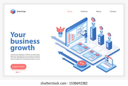 Your business growth landing page vector template. Successful entrepreneurship website homepage interface layout with isometric illustration. Startup support program web banner, webpage 3D concept
