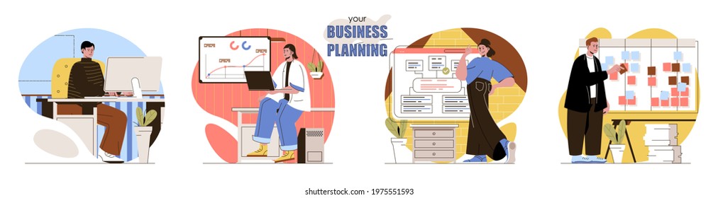 Your Business Planning concept scenes set. Employees in office doing work tasks, analyze statistics, develop strategy. Collection of people activities. Vector illustration of characters in flat design