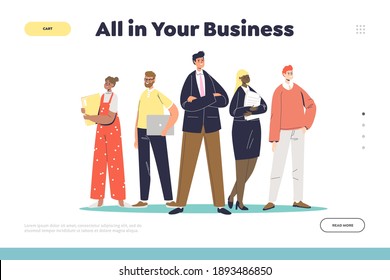 Your business team concept of landing page with group of successful cartoon professionals. Businesspeople with businessman leader in front. Leadership and partnership. Flat vector illustration