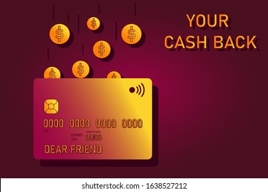 Your cash back illustration with debit or credit card and dollar coins falling down. High contrast vector for bank web site, financial promo banner, flyer template. Internet shopping profit concept.