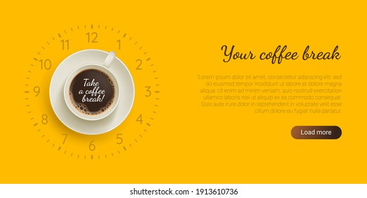 Your coffee break web banner template. Coffee drinks lending page, website and mobile app design. Top view of clock and espresso drink in cup flat vector illustration