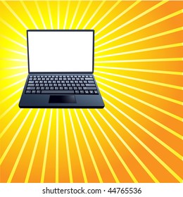 Your copyspace on bright white display copy space of a Laptop on a shining Yellow Rays Background
