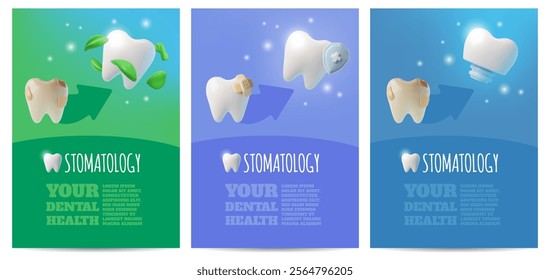 Your dental health advertising poster 3D vector set. Bad and good tooth conditions with healthy herbs, implant. Professional stomatology service. Dental teeth hygiene, protection, prevention