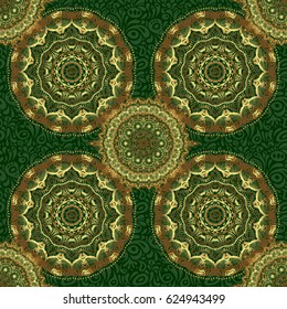 For your design, wallpaper. Geometric background. Golden color seamless illustration on a green backdrop. Vector geometric seamless pattern with golden gradients.