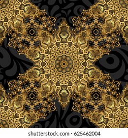 For your design, wallpaper. Geometric background. Golden color seamless illustration on a black backdrop. Vector geometric seamless pattern with golden gradients.