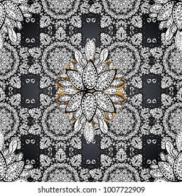 For your design, wallpaper. Golden color seamless illustration. Golden pattern on white, black and gray colors with golden elements. Vector geometric background.