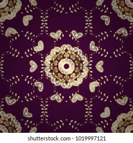 For your design, wallpaper. Golden color seamless illustration. Golden seamless pattern on purple, white and brown colors with golden floral elements. Vector geometric background.