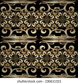 For your design, wallpaper. Golden color seamless illustration. Golden seamless pattern on black, brown and beige colors with golden floral elements. Vector geometric background.