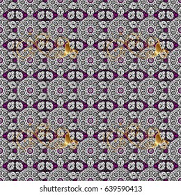For your design, wallpaper. Golden color seamless illustration. Golden pattern on magenta background with golden elements. Vector geometric background.