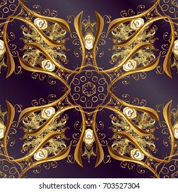 For your design, wallpaper. Golden color seamless illustration. Golden seamless pattern on lilac and purple background with golden floral elements. Vector geometric background.