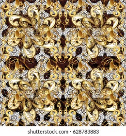 For your design, wallpaper. Golden pattern on brown background with golden elements. Vector geometric background. Golden color illustration.