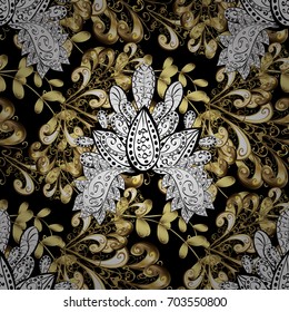 For your design, wallpaper. Golden pattern on black background with golden elements. Vector geometric background. Golden color seamless illustration.