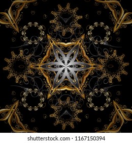 For your design, wallpaper. Vector geometric background. Golden color seamless illustration. Golden seamless pattern on black, brown and gray colors with golden floral elements.