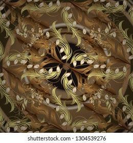 For your design, wallpaper. Vector geometric background. Golden seamless pattern on brown and beige colors with golden floral elements. Golden color seamless illustration.