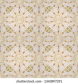 For your design, wallpaper. Vector geometric background. Golden color seamless illustration. Golden seamless pattern on gray and neutral colors with golden floral elements.