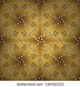 For your design, wallpaper. Vector geometric background. Golden seamless pattern on yellow and brown colors with golden floral elements. Golden color seamless illustration.