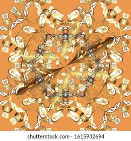 For your design, wallpaper. Vector geometric background. Golden seamless pattern on brown, white and orange colors with golden floral elements. Golden color seamless illustration. 