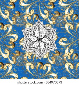 For your design, wallpaper. Vector geometric background. Golden color illustration. Golden on blue background with golden floral elements.