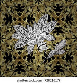 For your design, wallpaper. Vector geometric background. Golden color seamless illustration. Golden pattern on black, neutral and yellow colors with golden elements.