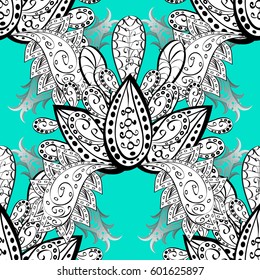 For your design, wallpaper. White seamless pattern on blue background with white floral elements. Vector geometric background. White color seamless illustration.