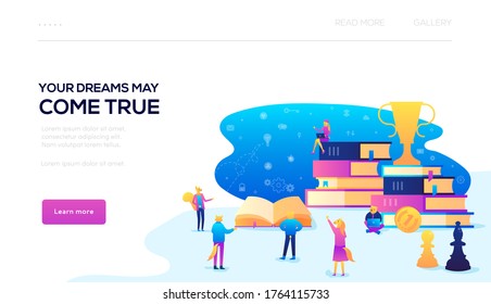 Your dreams may come true web banner. Modern illustration slider site page. Concept of animals and development. Vector design image. Background with books and training.