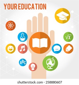Your education. School diary. Set of colored icons of education in preschool, school, college. Flat vector illustration and design element