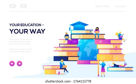 Your education your way web banner. Modern illustration slider site page. Vector design image. The concept of education and learning. Background with animal training.