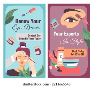 Your Experts In Style, Renew Your Brows, Contact Our Friendly Team And Get Ten Percent Discount Today. Promotional Banners Of Spa Salon Or Beauty Centers For Women Ladies. Vector In Flat Style