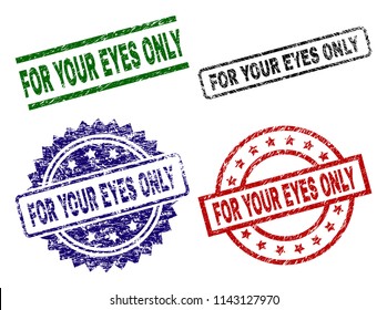 FOR YOUR EYES ONLY seal prints with damaged surface. Black, green,red,blue vector rubber prints of FOR YOUR EYES ONLY title with grunge surface. Rubber seals with round, rectangle, medallion shapes.