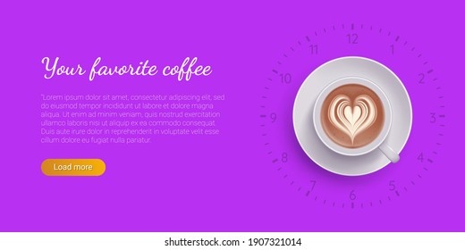 Your favorite coffee landing page template. Coffee drinks web page, website or mobile app design. Top view of hot cappuccino or latte beverage flat vector illustration