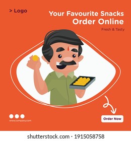 Your favourite snacks order online banner design. Confectioner holding sweets tray in hand. Vector graphic illustration.