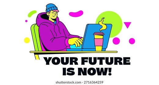 Your Future Is Now – Gen Z Cartoon Character Working on Laptop Motivation Illustration